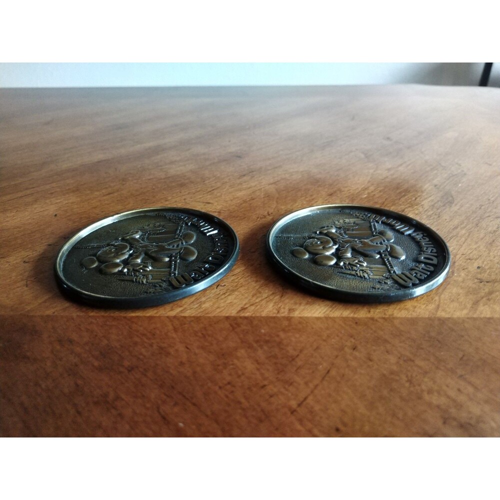 Vintage Set Lot 2 Bronze Walt Disney World Mickey Mouse Coasters Canada 3.25"Dia - Picture 7 of 13